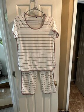 Women’s White and Mauve Stripe Pajama Set - Short Sleeve Top & Pants
